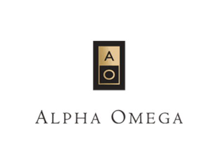 The image shows a logo with the text "Alpha Omega." The design features a rectangle with letters "A" and "O" inside.