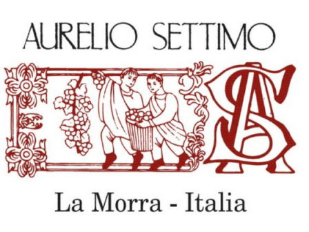The image shows a logo featuring the text "AURELIO SETTIMO," decorative illustrations, and "La Morra - Italia."