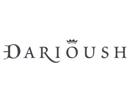 The image shows the word "DARIOUSH" in stylized font with a crown above the letter "O."