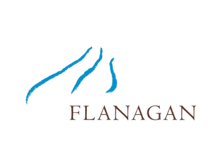 The image shows a logo with three blue, wavy lines above the word "FLANAGAN" in uppercase letters.