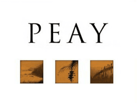 The image features the word "PEAY" above three small sepia-tone landscape photos depicting nature scenes and structures.