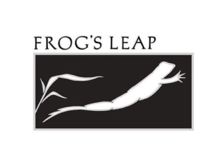 The image is a logo featuring "Frog's Leap" text above an illustration of a leaping frog with reeds in a rectangular frame.