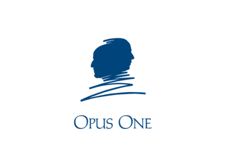 The image shows a blue silhouette logo with the text "Opus One" beneath it.