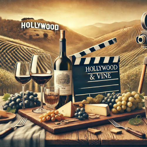 A vineyard with wine glasses, a bottle, cheese, grapes, and a vintage camera. A clapperboard reads "Hollywood & Vine" in the foreground.
