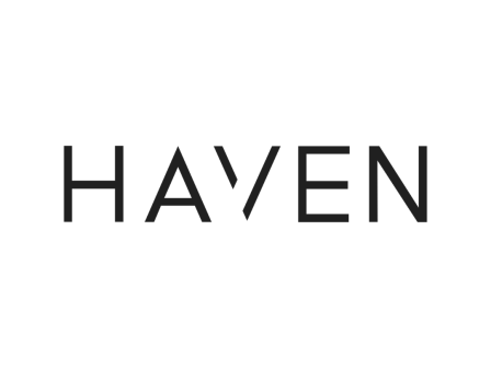 The image shows the word "HAVEN" in a stylized font, with letters evenly spaced on a white background.