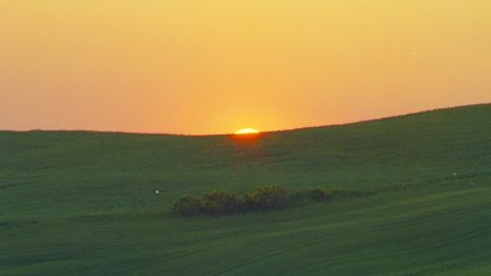 A sunset over rolling green hills with a touch of shrubbery in the foreground and a warm orange sky.
