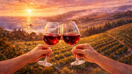 Two hands toast with red wine glasses against a sunset over rolling vineyards and a distant coastline, celebrating a scenic toast.