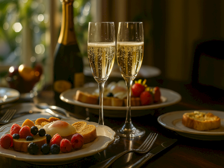 A table set for breakfast with two champagne glasses, plates of fruit and toast, and a bottle in the background in a sunny room.