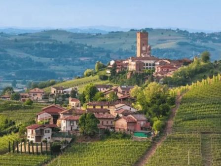 A picturesque hillside village with vineyards, rustic houses, and a tower, set against rolling hills and a serene landscape in the background.