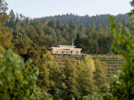 A house is nestled in a lush, forested landscape with trees and hills in the background.