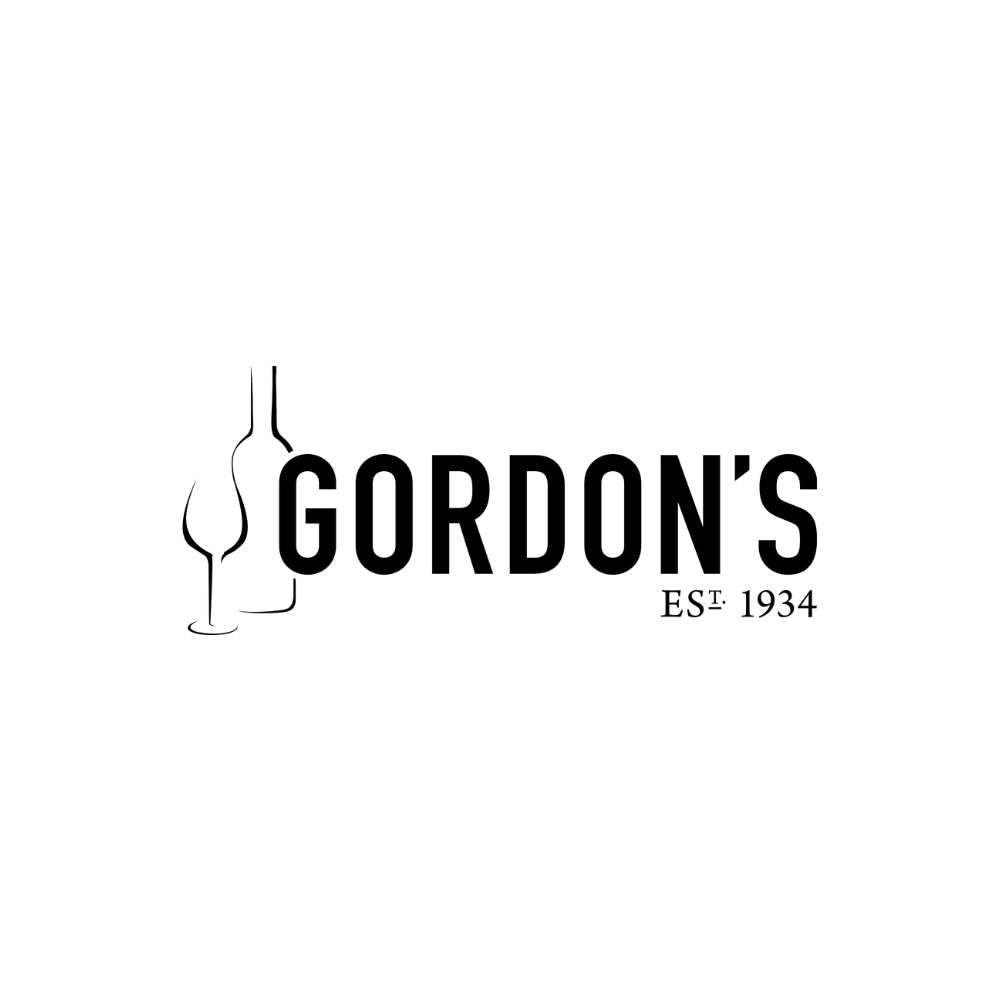 Gordon&rsquo;s logo with a bottle silhouette and two wine glasses, &ldquo;EST. 1934,&rdquo; in black text on a white background.